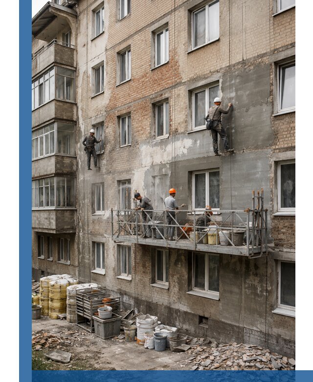 Капитальный ремонт фасада в Валуйках с восстановлением и гидроизоляцией