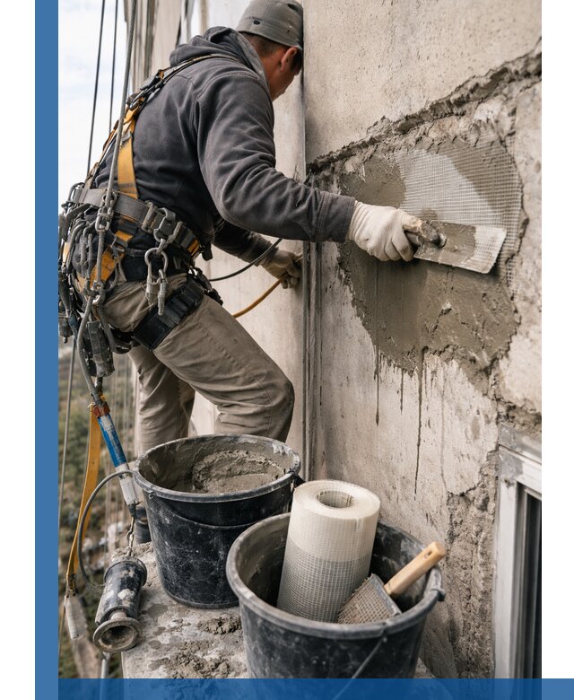 Ремонт бетонных элементов фасада промышленными альпинистами в Валуйках