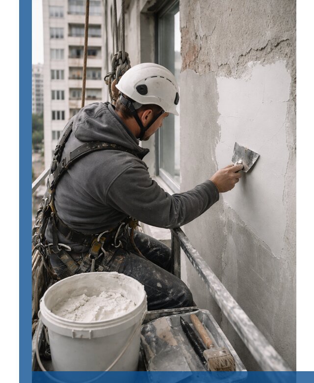 Шпаклевка фасадов на высоте с промальпинистами в Валуйках