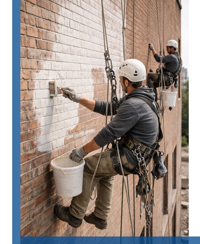 Покраска кирпичного фасада с доступным альпинистским сервисом в Валуйках