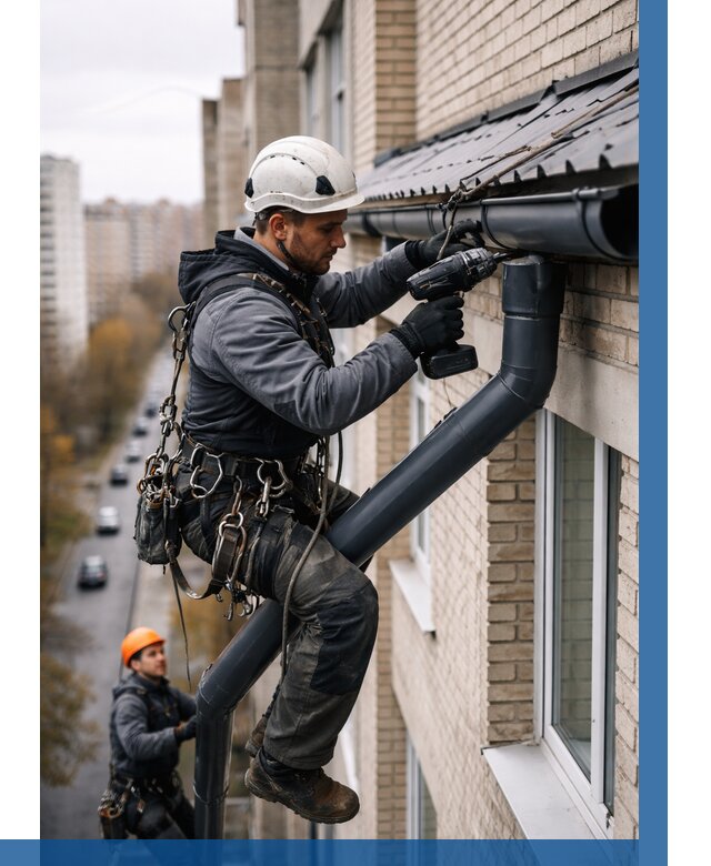 Монтаж водосточной системы на здании в Валуйках от 5323 р. | ВЫСОТНИК-Вли