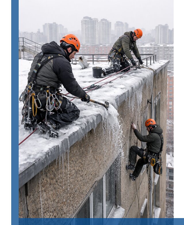 Удаление наледи с кровли в Валуйках промышленными альпинистами