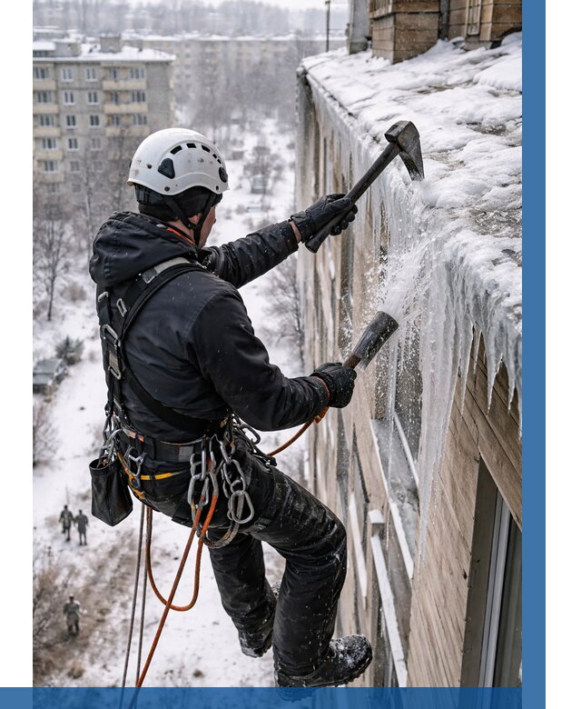 Сбивание сосулек с крыши в Валуйках по цене от 4790 р. | ВЫСОТНИК-Вли