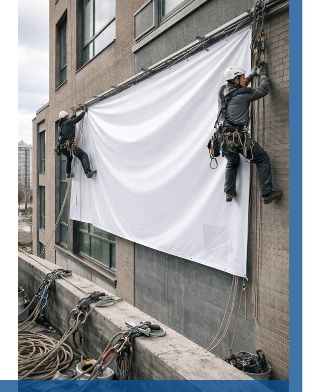 Монтаж баннеров на фасаде в Валуйках от 692 р. заказать ВЫСОТНИК-Вли