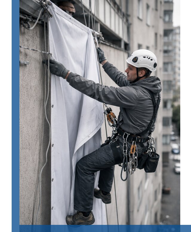 Замена баннерного полотна промышленными альпинистами в Валуйках