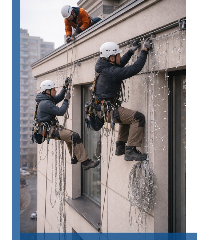 Монтаж праздничных гирлянд на фасаде в Валуйках для зданий