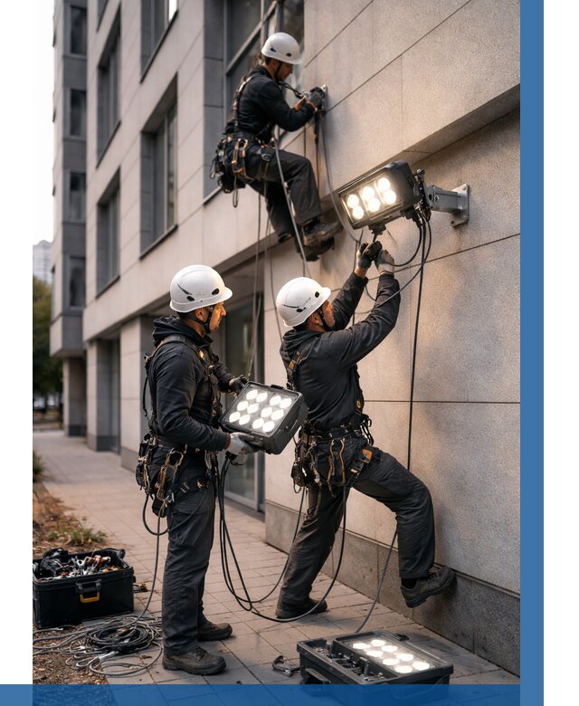 Монтаж прожекторов на фасаде в Валуйках от 7984 р. | ВЫСОТНИК-Вли