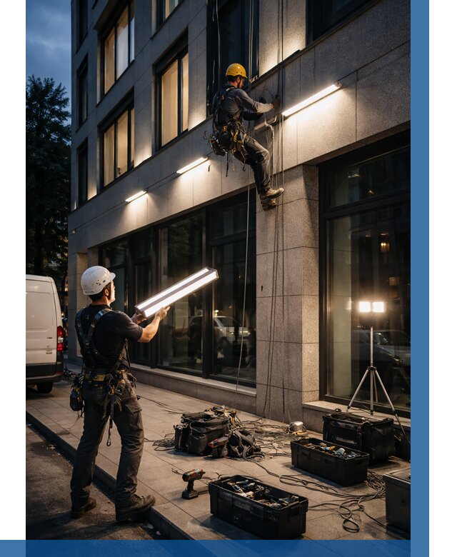 Монтаж архитектурной подсветки здания в Валуйках от 2661 р.|ВЫСОТНИК-Вли