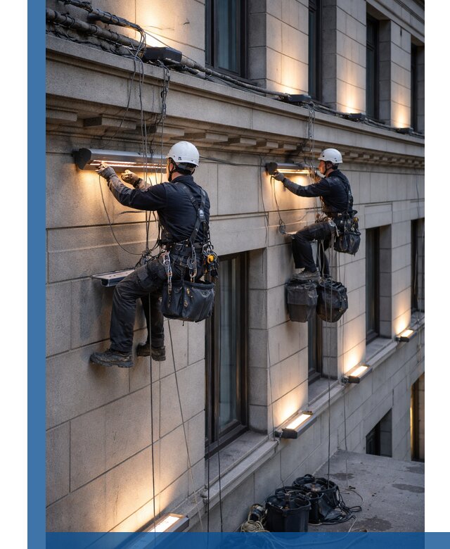 Монтаж архитектурной подсветки фасадов зданий в Валуйках