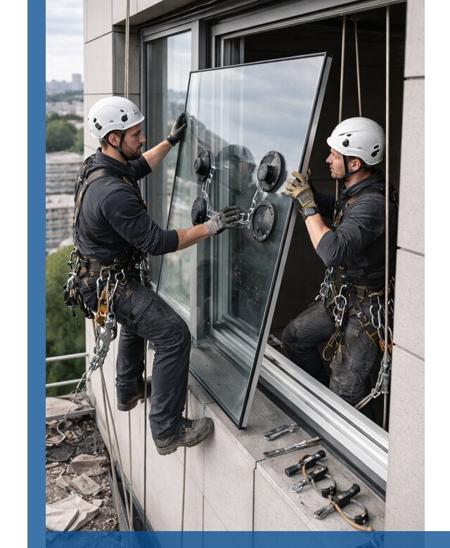 Замена стеклопакетов на высоте с промышленными альпинистами в Валуйках