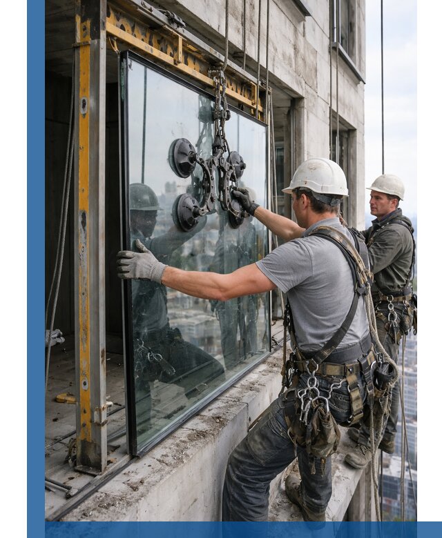 Монтаж стеклопакетов на высоте в Валуйках с промышленным альпинизмом