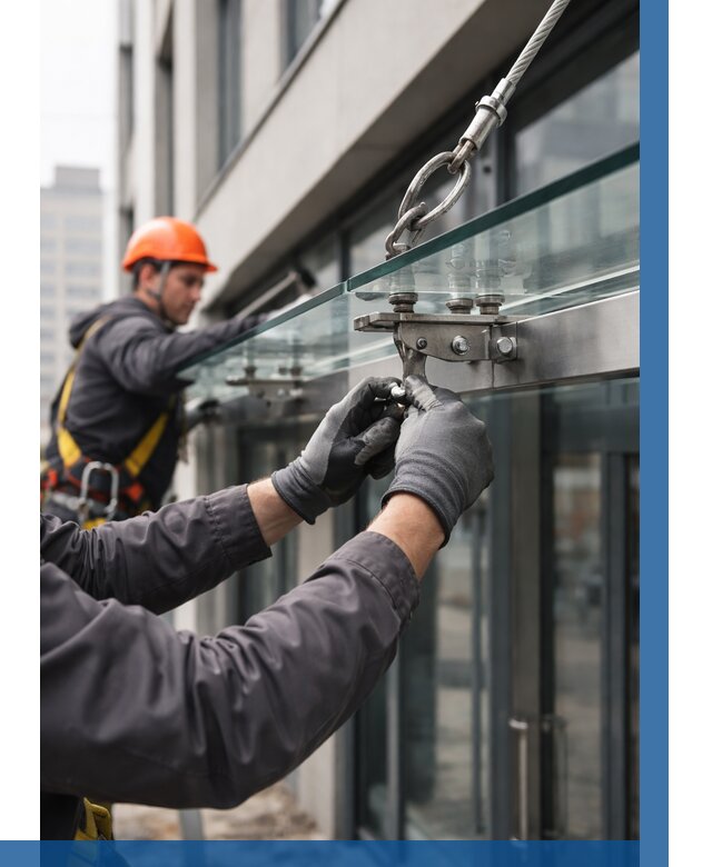 Монтаж стеклянных козырьков в Валуйках от 9048 р. | ВЫСОТНИК-Вли