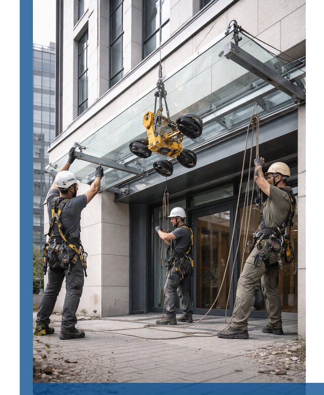 Монтаж стеклянных козырьков под ключ в Валуйках для зданий