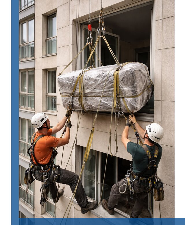 Подъем грузов через окно в Валуйках промышленными альпинистами