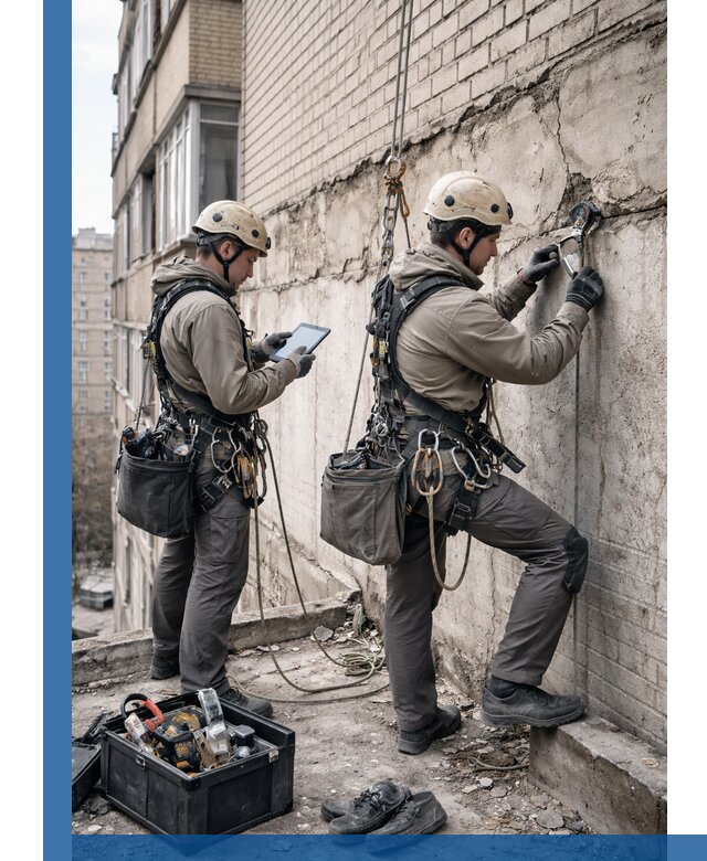 Обследование фасада промышленными альпинистами в Валуйках